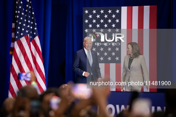 President Joe Biden and Vice President Kamala Harris arrive on stage to raucous applause as they announce reduced Medicare prices for ten wi...