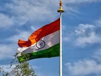 The India flag is flying in Mussoorie, Uttarakhand, India, on April 18, 2024. (