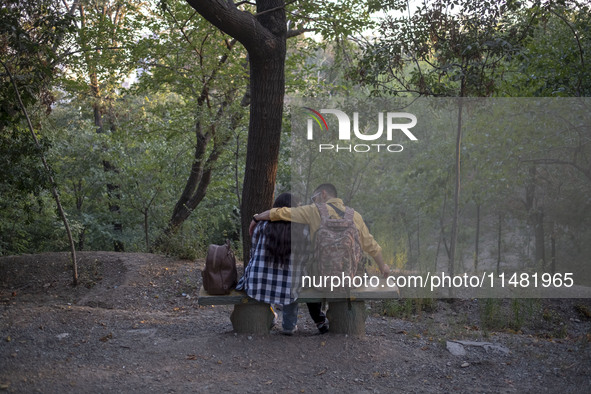 Iranian youths are sitting together at a park in central Tehran, Iran, on August 15, 2024. 