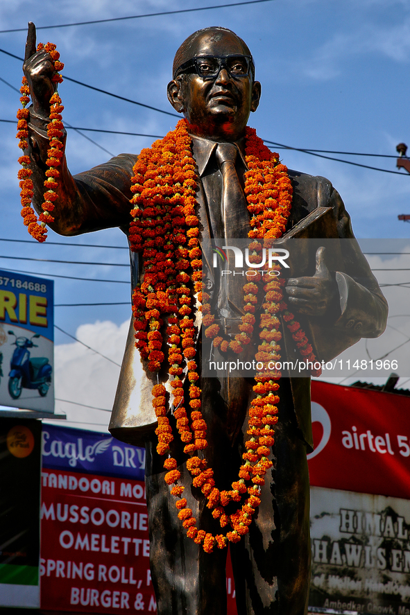 A statue of Bhimrao Ramji Ambedkar is standing along the Mall Road in Mussoorie, Uttarakhand, India, on April 18, 2024. 