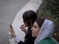 A young Iranian woman is putting on makeup while sitting at a park in central Tehran, Iran, on August 15, 2024. (