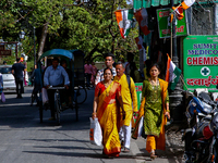 Indian tourists are walking along the Mall Road in Mussoorie, Uttarakhand, India, on April 18, 2024. (