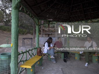 Iranian youths are sitting together at a park in central Tehran, Iran, on August 15, 2024. (