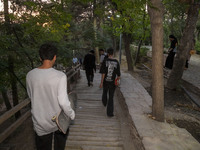 Young Iranian skaters are walking together at a park in central Tehran, Iran, on August 15, 2024. (