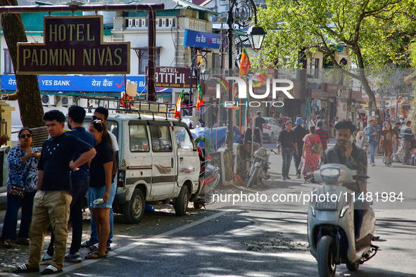 Traffic is moving along the Mall Road in Mussoorie, Uttarakhand, India, on April 18, 2024. 