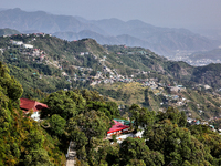 A mountainous landscape is appearing in Mussoorie, Uttarakhand, India, on April 18, 2024. (