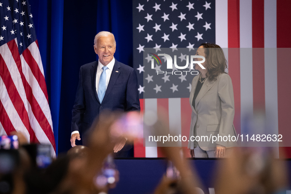 President Joe Biden and Vice President Kamala Harris arrive on stage to raucous applause as they announce reduced Medicare prices for ten wi...