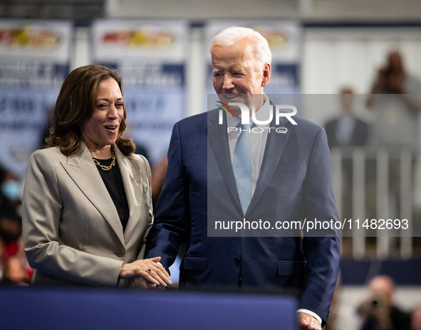 President Joe Biden and Vice President Kamala Harris depart conclude an event announcing reduced Medicare prices for ten widely-used drugs a...