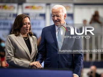 President Joe Biden and Vice President Kamala Harris depart conclude an event announcing reduced Medicare prices for ten widely-used drugs a...