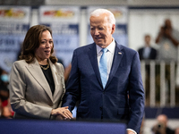 President Joe Biden and Vice President Kamala Harris depart conclude an event announcing reduced Medicare prices for ten widely-used drugs a...