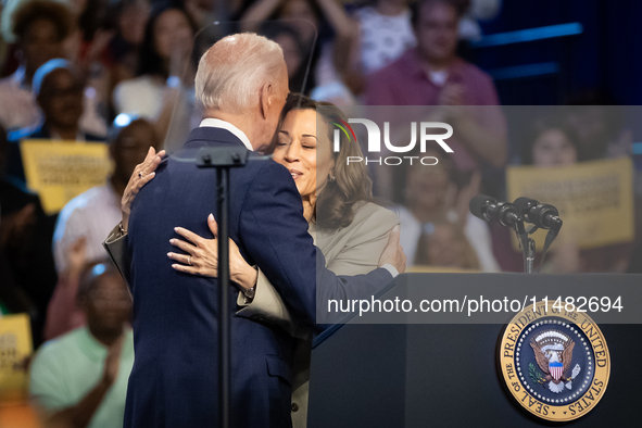 Vice President Kamala Harris embraces President Joe Biden after introducing him at an event announcing reduced Medicare prices for ten widel...