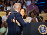 Vice President Kamala Harris embraces President Joe Biden after introducing him at an event announcing reduced Medicare prices for ten widel...