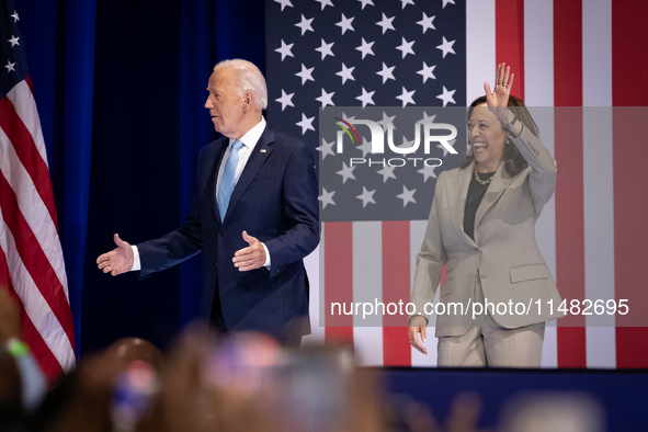 President Joe Biden and Vice President Kamala Harris react to raucous applause as they announce reduced Medicare prices for ten widely-used...