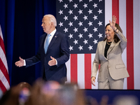 President Joe Biden and Vice President Kamala Harris react to raucous applause as they announce reduced Medicare prices for ten widely-used...