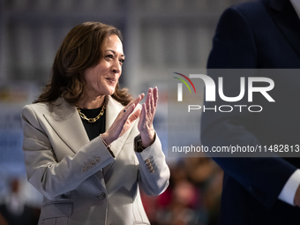 Vice President Kamala Harris applauds President Joe Biden at the conclusion of his remarks at an event announcing reduced Medicare prices fo...