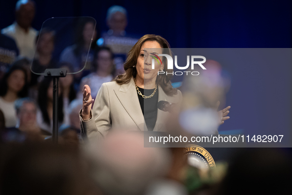 Vice President Kamala Harris speaks during an event announcing reductions in Medicare prices for ten widely-used drugs, Upper Marlboro, MD,...