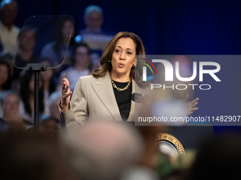 Vice President Kamala Harris speaks during an event announcing reductions in Medicare prices for ten widely-used drugs, Upper Marlboro, MD,...