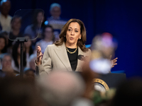 Vice President Kamala Harris speaks during an event announcing reductions in Medicare prices for ten widely-used drugs, Upper Marlboro, MD,...