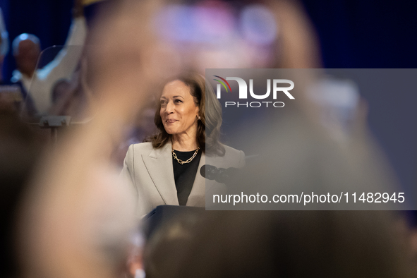 Vice President Kamala Harris speaks during an event announcing reductions in Medicare prices for ten widely-used drugs, Upper Marlboro, MD,...