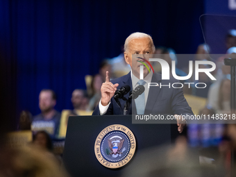 President Joe Biden delivers remarks at an event announcing reductings in Medicare prices for ten widely-used drugs, Upper Marlboro, MD, Aug...