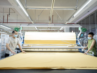 Workers are working on a production line at a workshop of a textile company in Nantong, Jiangsu province, China, on August 15, 2024. (