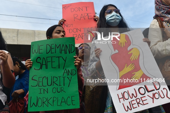 Women are protesting against rape in Dhaka, Bangladesh, on August 16, 2024, following the rape and murder of a doctor in India. 