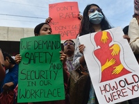 Women are protesting against rape in Dhaka, Bangladesh, on August 16, 2024, following the rape and murder of a doctor in India. (