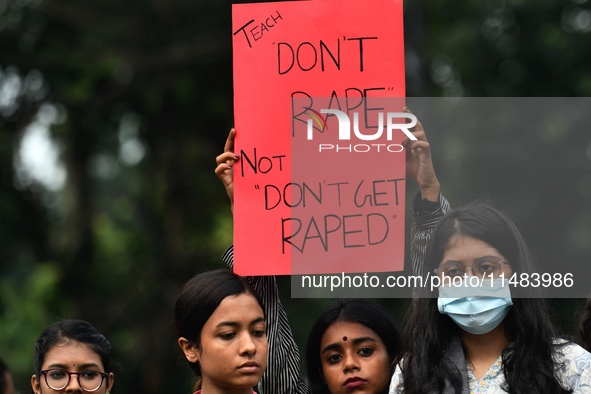 Women are protesting against rape in Dhaka, Bangladesh, on August 16, 2024, following the rape and murder of a doctor in India. 