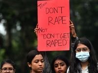 Women are protesting against rape in Dhaka, Bangladesh, on August 16, 2024, following the rape and murder of a doctor in India. (