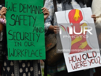 Women are protesting against rape in Dhaka, Bangladesh, on August 16, 2024, following the rape and murder of a doctor in India. (