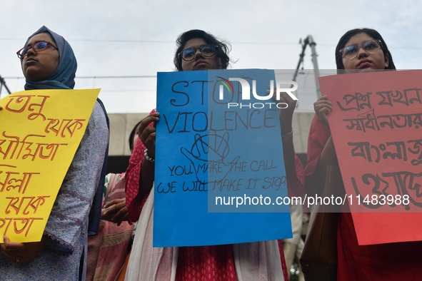 Women are protesting against rape in Dhaka, Bangladesh, on August 16, 2024, following the rape and murder of a doctor in India. 