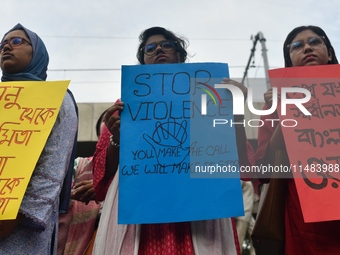 Women are protesting against rape in Dhaka, Bangladesh, on August 16, 2024, following the rape and murder of a doctor in India. (