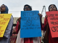 Women are protesting against rape in Dhaka, Bangladesh, on August 16, 2024, following the rape and murder of a doctor in India. (