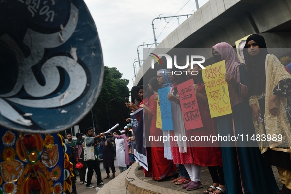 Women are protesting against rape in Dhaka, Bangladesh, on August 16, 2024, following the rape and murder of a doctor in India. 