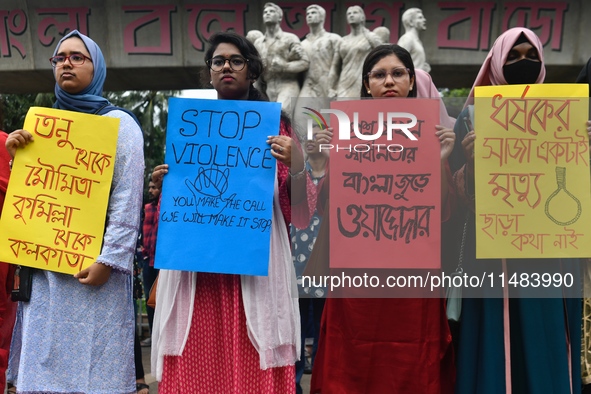 Women are protesting against rape in Dhaka, Bangladesh, on August 16, 2024, following the rape and murder of a doctor in India. 