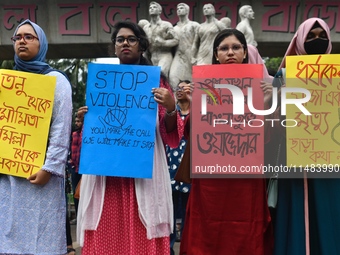 Women are protesting against rape in Dhaka, Bangladesh, on August 16, 2024, following the rape and murder of a doctor in India. (