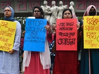 Women are protesting against rape in Dhaka, Bangladesh, on August 16, 2024, following the rape and murder of a doctor in India. (