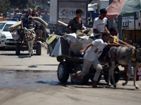 Palestinians are fleeing with their belongings in Deir el-Balah, in the central Gaza Strip, on August 16, 2024, amid the ongoing conflict be...