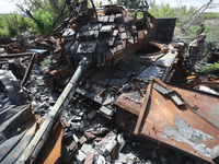 A Ukrainian tank destroyed by a Russian ZALA Lancet loitering munition during fighting in the Bakhmut direction in 2023 is at the positions...