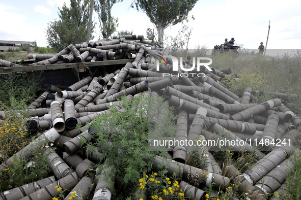 A pile of used shells is being pictured at the positions of the Motorised Rifle Battalion of the 93rd Kholodnyi Yar Separate Mechanized Brig...