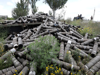 A pile of used shells is being pictured at the positions of the Motorised Rifle Battalion of the 93rd Kholodnyi Yar Separate Mechanized Brig...