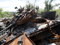 A Ukrainian tank destroyed by a Russian ZALA Lancet loitering munition during fighting in the Bakhmut direction in 2023 is at the positions...