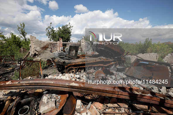 A Ukrainian tank destroyed by a Russian ZALA Lancet loitering munition during fighting in the Bakhmut direction in 2023 is at the positions...