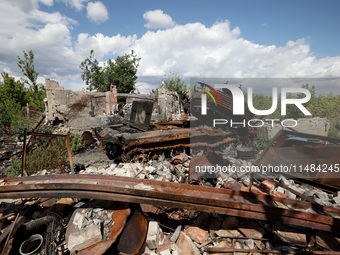 A Ukrainian tank destroyed by a Russian ZALA Lancet loitering munition during fighting in the Bakhmut direction in 2023 is at the positions...