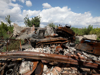 A Ukrainian tank destroyed by a Russian ZALA Lancet loitering munition during fighting in the Bakhmut direction in 2023 is at the positions...