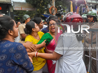 Police are clashing with the Women's Cell of the Bharatiya Janata Party (BJP) during a protest demonstration in Kolkata, India, on August 16...