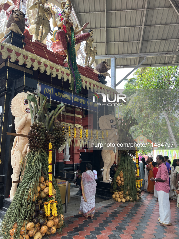 Pazhanchira Devi Temple is being decorated during the Vishu Festival in Thiruvananthapuram (Trivandrum), Kerala, India, on April 14, 2024. S...