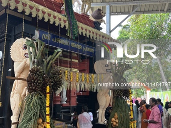 Pazhanchira Devi Temple is being decorated during the Vishu Festival in Thiruvananthapuram (Trivandrum), Kerala, India, on April 14, 2024. S...