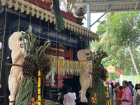 Pazhanchira Devi Temple is being decorated during the Vishu Festival in Thiruvananthapuram (Trivandrum), Kerala, India, on April 14, 2024. S...