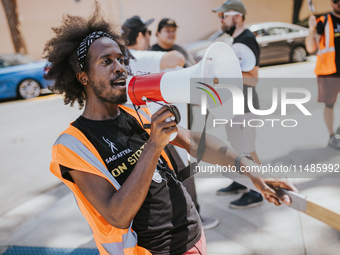 SAG-AFTRA is highlighting actors who voice Disney characters during a video game picket in Burbank, California, on August 15, 2024. (